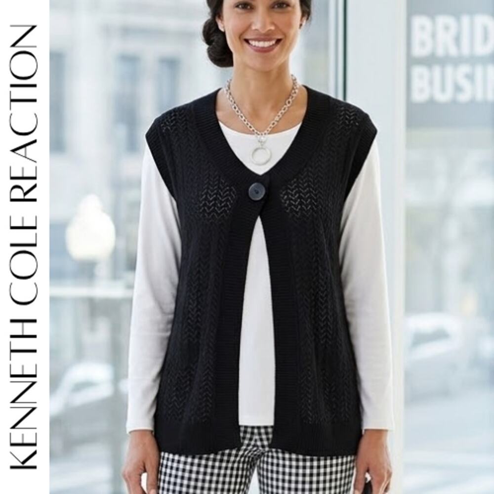 KENNETH COLE Sleeveless Silk Blend Cardigan M Chevron Pointelle NWOT